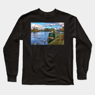 Narrowboat Moored At Reading Riverside Long Sleeve T-Shirt